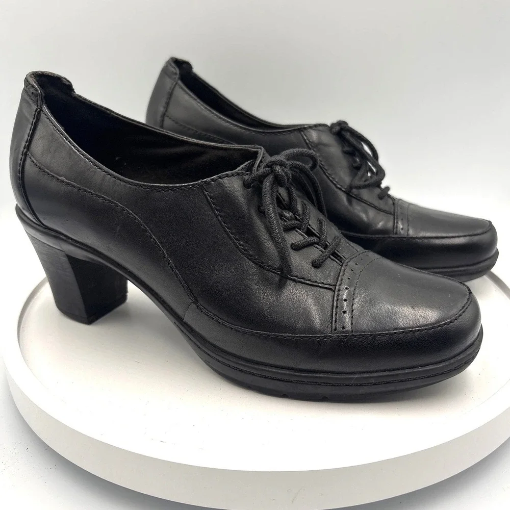 Clarks Leather Oxford Heels 7M Black Dark Academia Lace Up Block Heel 80424